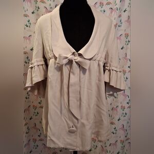 EUC Dorothy Lee Beige Silk Business Casual Neutral Cardigan Blouse Top SZ 2